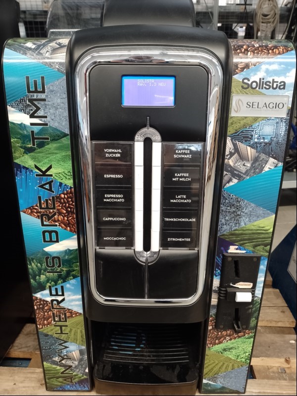 Kaffeeautomat Evoca Spa Necta Solista ESB5A-R/DQ mit Münzprüfer, inkl. Unterschrank und 1x Schlüssel, Seriennummer: 21021003, Maschine muss gereinigt werden! Gerät lässt sich einschalten - keine weiteren Tests durchgeführt! (ID=V14-00)