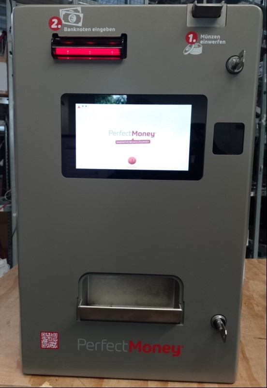 Bargeldautomat PerfectMoney Vicky 80330, mit Touchdisplay und Netzwerkanschluss, 2 Schlüssel, Inbetriebnahme: 12.2021, Seriennummer: 202102170083, Gerät lässt sich einschalten und Meldet: System Error! Keine weiteren Tests durchgeführt! (ID=V14-22)