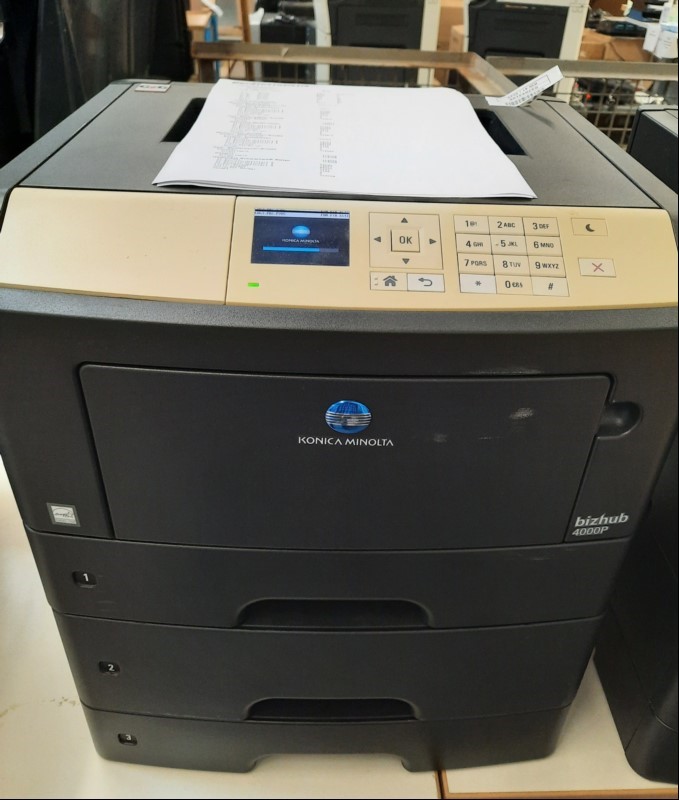  Laserdrucker Konica Minolta bizhub 4000P, Inbetriebnahme 04.2023 mit 3 Papierkassetten, Farb-Display, laut Testausdruck: 122793 gedruckte Seiten, Tonerrest bei ca. 50%, keine weiteren Tests durchgeführt, alle Angaben ohne Gewähr, Anschlüsse: USB ...
