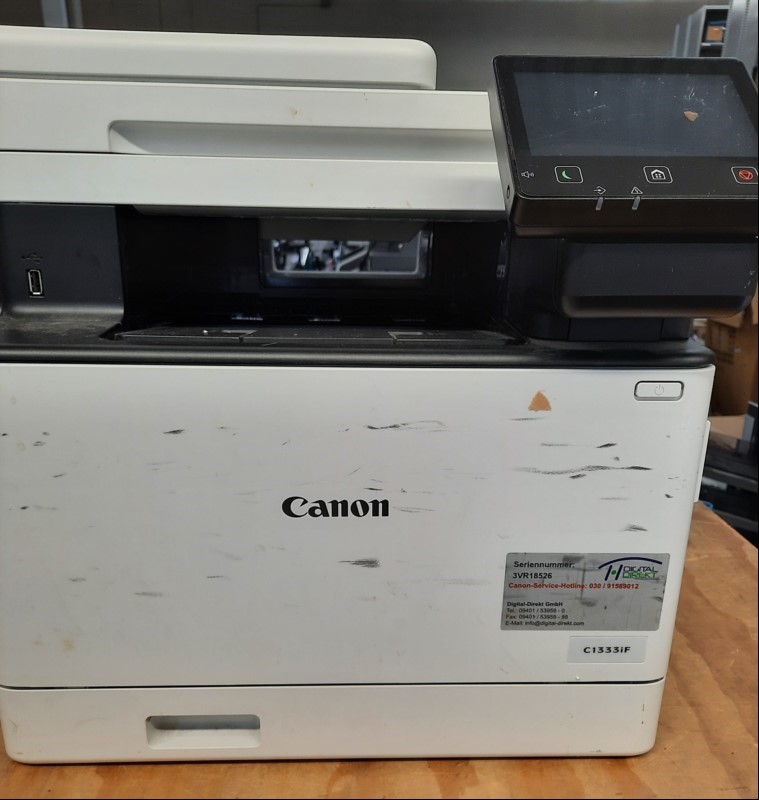 Canon i-SENSYS X C1333iF, SN:3VR18526, Inbetriebnahme 04.2023, optisch sehr schlechter Zustand, Gehäuse stark verschmutzt mit Abschürfungen und Kleberesten, Tonerstand ca. 40- 50%, Zähler 113:ca. 8267, 123: ca. 2165, Wartung und Service notwendig,...