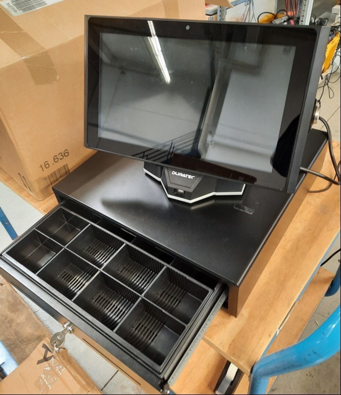 Teile aus Kassensystem, Duratec Kassensystem- POS S14 (ohne Kassenschlüssel, Metapace T-25 Bondrucker(inkl. Netzteil(Feed-Funktion:ok)) und Kassenschublade (mit 2x Schlüssel), Kasse lässt sich hochfahren, Touch-Funktion ist ok, Kasse ist mit unbek...