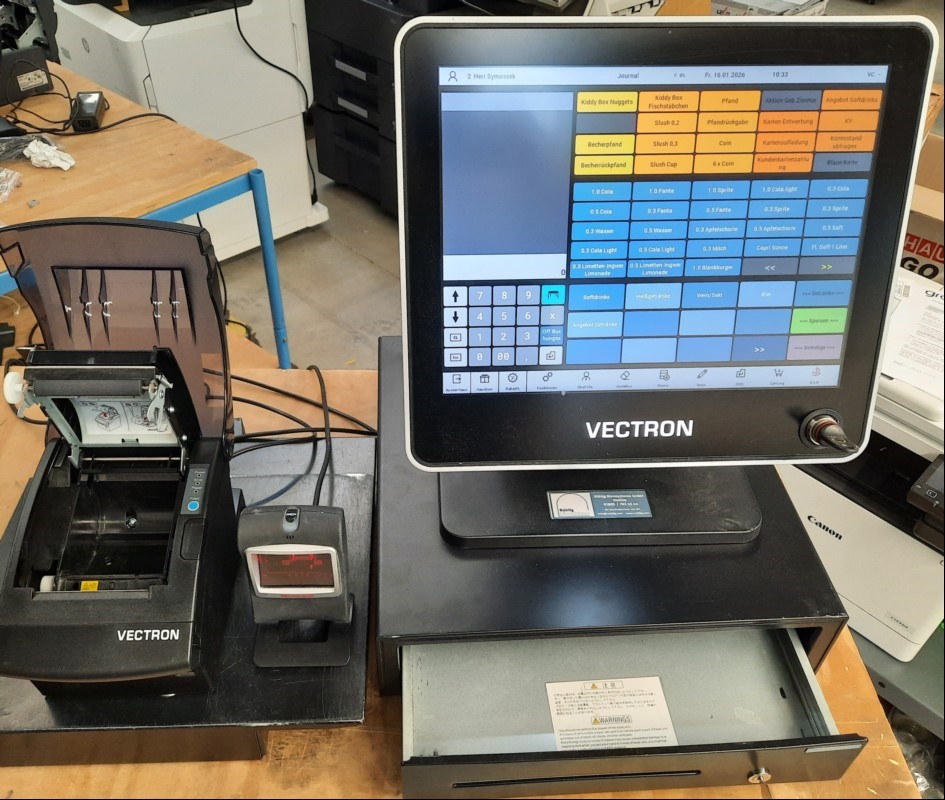 Computerkasse Vectron POS Touch 15 PCT  Bondrucker, Scanner,Touchdisplay, 1x RJ45 LAN, 2x USB 2.0, 2x USB 3.0, 2x Serial (COM), CashDraweranschluss, elektrisch geprüft (Gerät lässt sich einschalten, Touchfunktion ok, zeigt dann Fehler an, Lizenz a...