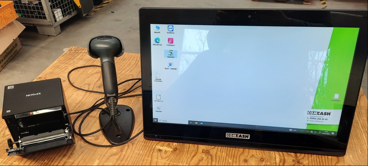  ComHair Touch.PC,SN: P90U000901J33F00050,COMHAIR Touch-PC, schwarz, Celeron 1.8GHz, 20" Touch-Display, 4GB RAM, SSD 120 GB,
Thermo-Bondrucker Epson TM30, schwarz, Laserbarcodescanner mit Fuß, USB, schwarz, elektrisch geprüft, Touch Funktion ok, ...