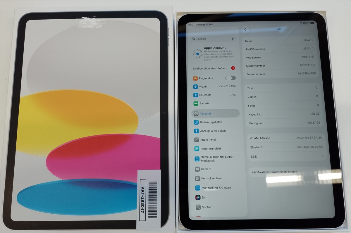Apple iPad (A16) 11 Gen. 128GB WiFi silber (2025 - A3354 - MD3Y4TY/A) in OVP mit 27,68cm (10,9\'\') Liquid-Retina Touchdisplay (Auflösung: 2360 x 1640 Pixel), Apple A16 Prozessor, 128GB interner Speicher, iPadOS 26.3.1, Wi-Fi 6, Bluetooth 5.3, 12 MP...
