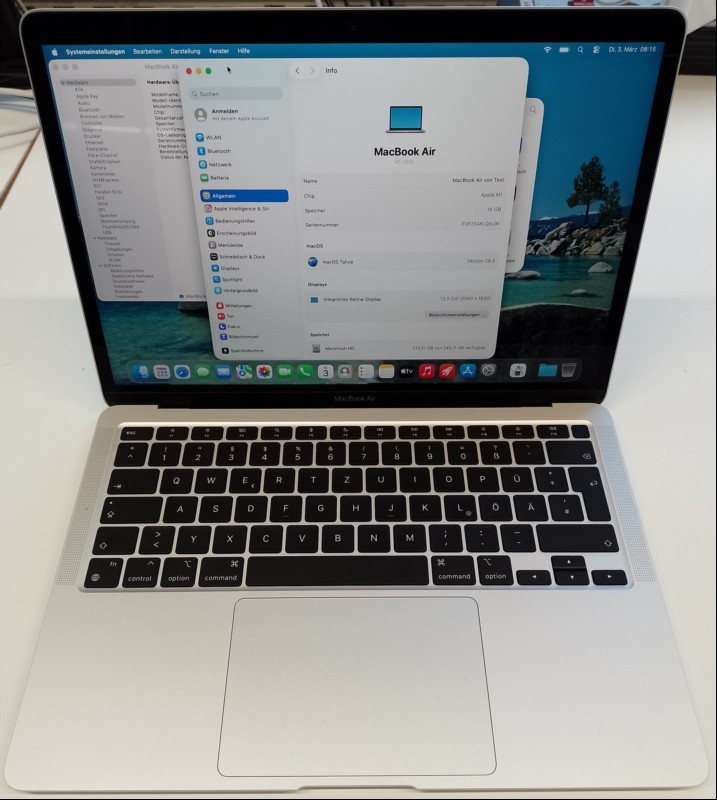 Apple MacBook Air (Z1270000MD/A - 2020 - MacBookAir10,1) silber mit Apple M1 8-Core CPU, 16 GB LPDDR4 RAM, 33,8 cm (13,3") Retina Display (Auflösung 2560 x 1600), 256 GB APPLE SSD AP0256Q, 2x Thunderbolt/USB4 Anschluss (USB-C), Wi-Fi 6, Bluetooth ...