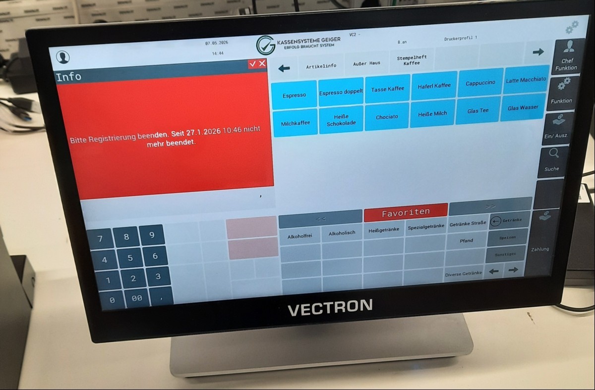 Vectron POS 7 Touch-Computerkasse mit §x Kellnerschlüssel und Metapace T-3II Thermobondrucker, siehe Bilder, Inbetriebnahme: Oktober 2024,  nur elektrischgeprüft ( Kasse lässt sich starten - Touch-Funktion: ok, Drucker - Feed-Funktion: ok, keine w...