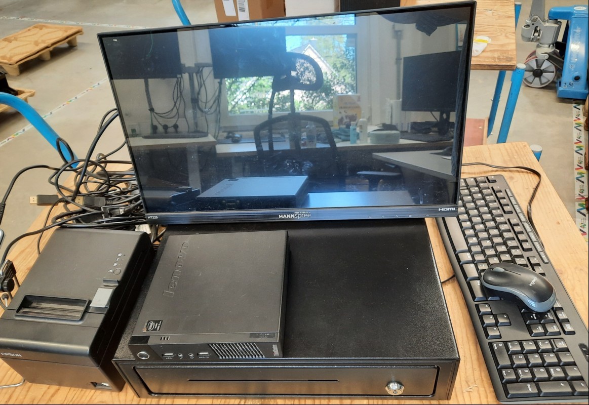 Teile aus Kassensystem bestehend aus Lenovo ThinkCentre M93P (10AAA0J10E), HANNspree HT225 HPB Touch-Display 54,6cm (21,5\'\'), Epson TM-T20III Model:M267D Thermal-Bondrucker, Opticon Handscanner und Kassenlade(ohne Schlüssel), die Geräte wurden nur...