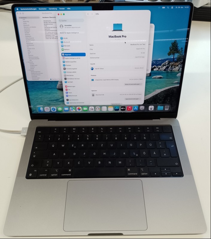 Apple MacBook Pro \'\'M1 Pro\'\' 14 Retina space grau (MKGP3D/A - MacBookPro18,3 - 2021) mit Apple M1 Pro 8-Core Prozessor, 16 GB LPDDR5 RAM, Display: 36,06 cm (14,2\'\') Liquid Retina XDR (Auflösung 3024 x 1964), 512 GB SSD Apple AP0512R, AirPort 802.1...