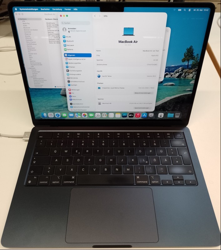 Apple MacBook Air M2 (2022 - Mac14,2 - Z1600079HD/A) Mitternacht mit Apple M2 8-Core CPU, 24 GB LPDDR5 RAM, 34,46 cm (13,6") Liquid Retina Display (Auflösung 2560 x 1664), 256 GB APPLE SSD AP0256Z, 2x Thunderbolt3/USB4 Anschluss (USB-C), 1x MagSaf...