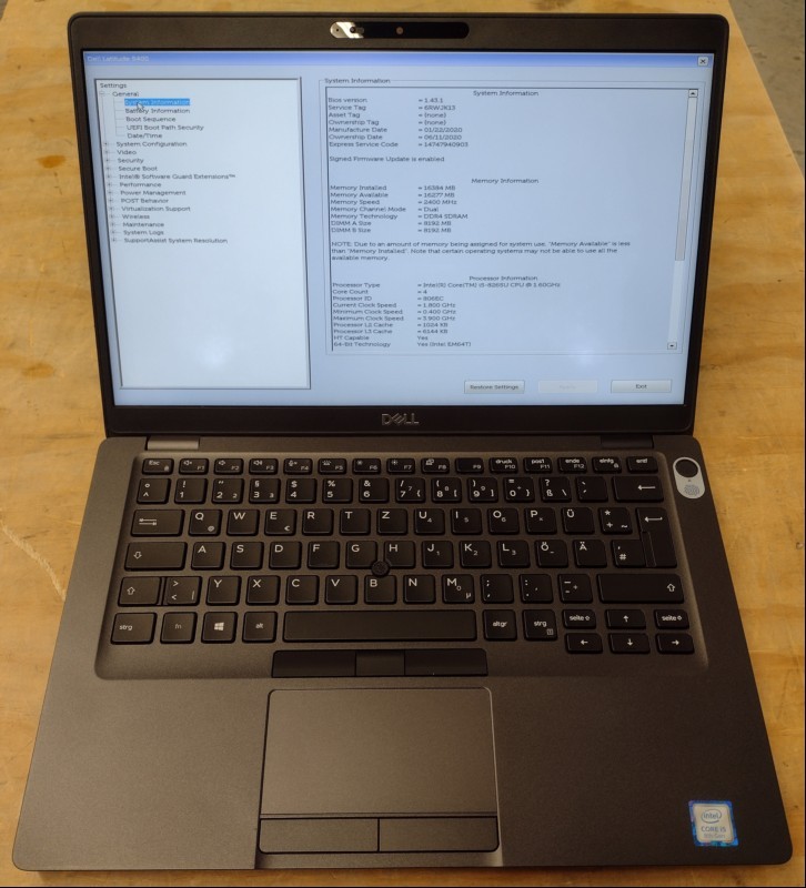 Dell Latitude 5400 mit Intel Quad-Core i5-8265U 1.60GHz (4-Kern, HT), 16 GB RAM, Display: 35,6cm (14\'\') matt (Auflösung 1920 x 1080 Full HD), 512 GB (SSD) SK hynix BC511, 3x USB 3.0 Anschluss, 1x USB-C, Wireless-LAN, Bluetooth, Intel UHD 620 Grafi...