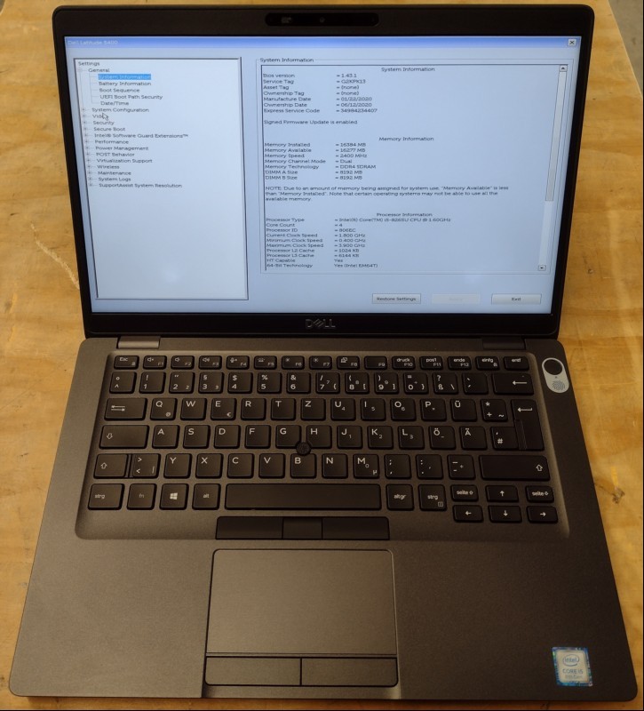 Dell Latitude 5400 mit Intel Quad-Core i5-8265U 1.60GHz (4-Kern, HT), 16 GB RAM, Display: 35,6cm (14\'\') matt (Auflösung 1920 x 1080 Full HD), 512 GB (SSD) SK hynix BC511, 3x USB 3.0 Anschluss, 1x USB-C, Wireless-LAN, Bluetooth, Intel UHD 620 Grafi...