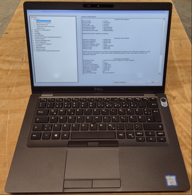 Dell Latitude 5400 mit Intel Quad-Core i5-8265U 1.60GHz (4-Kern, HT), 16 GB RAM, Display: 35,6cm (14\'\') matt (Auflösung 1920 x 1080 Full HD), 512 GB (SSD) SK hynix BC511, 3x USB 3.0 Anschluss, 1x USB-C, Wireless-LAN, Bluetooth, Intel UHD 620 Grafi...