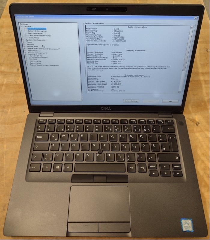 Dell Latitude 5400 mit Intel Quad-Core i5-8265U 1.60GHz (4-Kern, HT), 16 GB RAM, Display: 35,6cm (14\'\') matt (Auflösung 1920 x 1080 Full HD), 512 GB (SSD) SK hynix BC511, 3x USB 3.0 Anschluss, 1x USB-C, Wireless-LAN, Bluetooth, Intel UHD 620 Grafi...