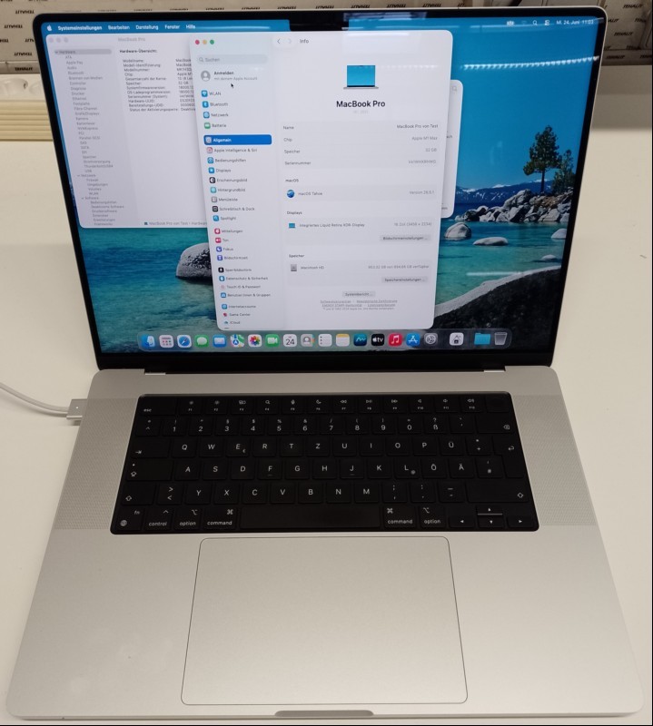 Apple MacBook Pro \'\'M1 Max\'\' 16 Retina silber (MK1H3D/A - MacBookPro18,2 - 2021) mit Apple M1 Max 10-Core Prozessor 3,2GHz, 32 GB LPDDR5 RAM, Display: 41,05 cm (16,2\'\') Liquid Retina XDR (Auflösung 3456 x 2234), 1 TB SSD Apple AP1024R, AirPort 802...
