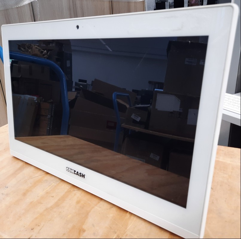 Shuttle AIO Model P90U, Compterkasse COMHAIR, ohne Netzteil, Farbe: weiß-vergilbt, Klebereste und Verschmutzungen am Gehäuse, Kratzer auf dem Display, siehe Bilder, komplett ungeprüft, keine Garantie auf Funktion und Vollständigkeit (ID=V10-33)