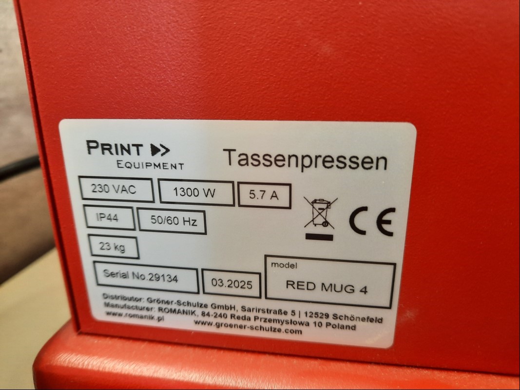 Print Equipment Tassenpressen RED MUG4, 4 Gefäßeinschübe, Farbe: rot / grau, optisch sehr guter Zustand, Inbetriebnahme: 2025, siehe Bilder, Testdruck erfolgreich, kein Versand / Verpacken-nur Selbstabholer (ID=T10-00)