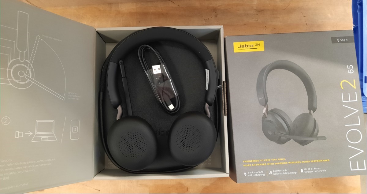 Jabra Envolve2 65 mit Dongel, USB-Anschlusskabel und Tasche im original Karton, ungeprüft keine Garantie auf Funktion und Vollständigkeit (ID=V10-43)
