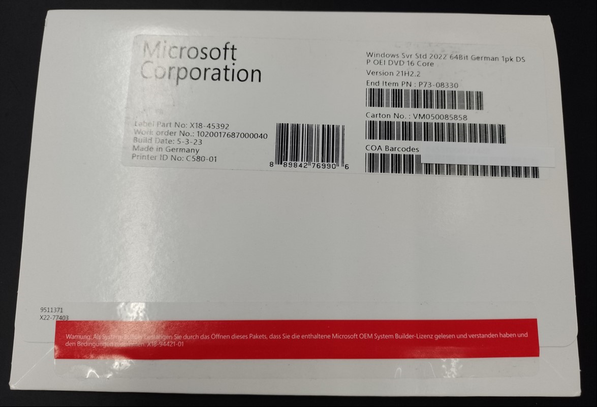 Microsoft Windows Server 2022 Standard (Windows Svr Std 2022 64Bit German 1pk DSP OEI DVD 16 Core) bestehend aus: Produktkey-Aufkleber/Echtheitszertifikat (COA mit Aufdruck: Windows Server 2022 Std (16 Core) OEM Software (P73-08330) und Produkt-DV...