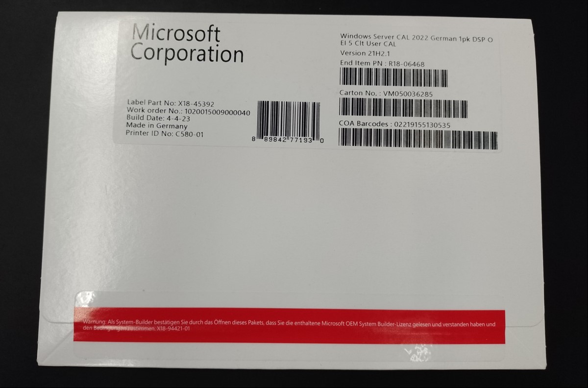 Client-Zugriffslizenz (CAL) für Microsoft Windows Server 2022 (OEM Windows Server 2022 CAL 5 User R18-06468), Anzahl der Zugriffslizenzen: **5**, bestehend aus 1x Client-Zugriffslizenzblatt mit Echtheitszertifikat (COA), Lizenzblatt in deutsch (ID...
